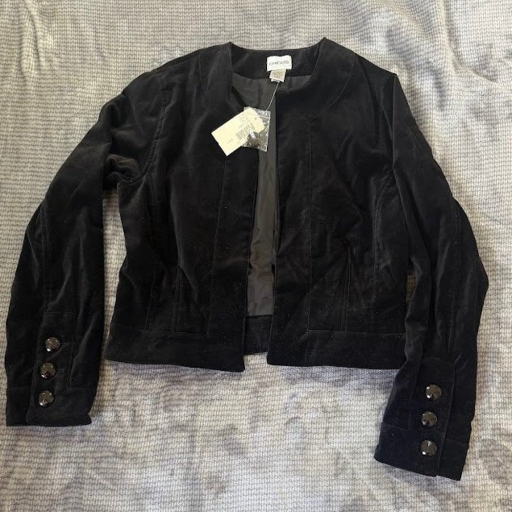 Chicos Onyx Shine Jilene Velvet Jacket Black Open Front Cropped Blazer ‎ 0 NEW